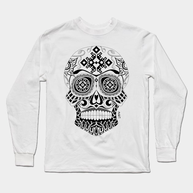 skull smile ecopop in floral totonac pattern ornament art Long Sleeve T-Shirt by jorge_lebeau